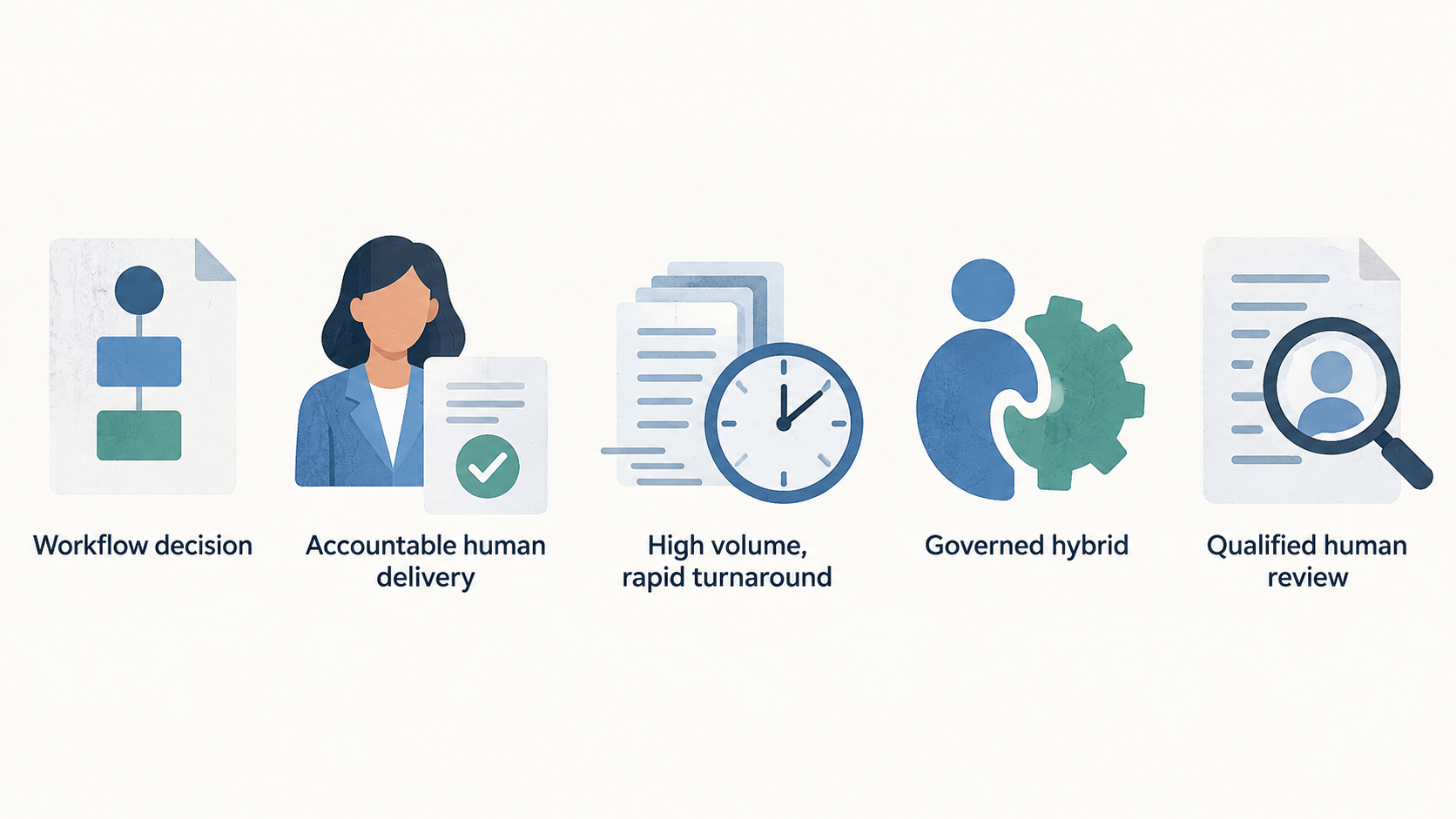 Summarize the section’s stated selection rule in one row of three icons labeled “consequences of an error,” “required accountability,” and “scale of the workflow.”