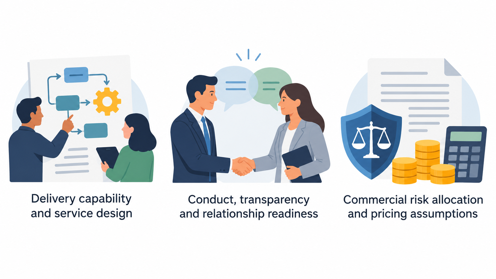 Show the five connected provider-evaluation dimensions in one row of icons with short labels.