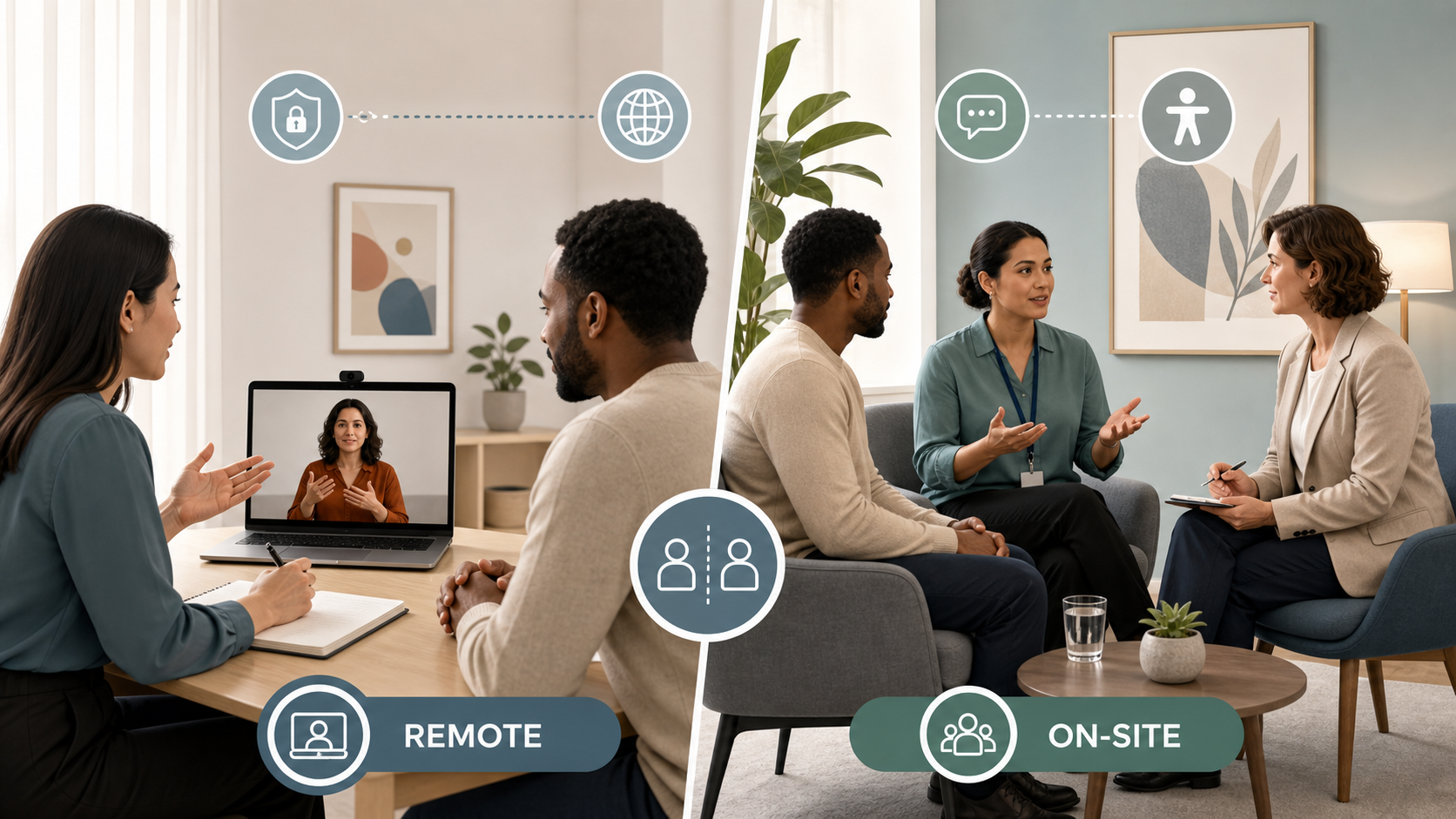 Editorial illustration for Remote Interpreting vs On-site Interpreting: Which Service Model Fits Your Organisation?